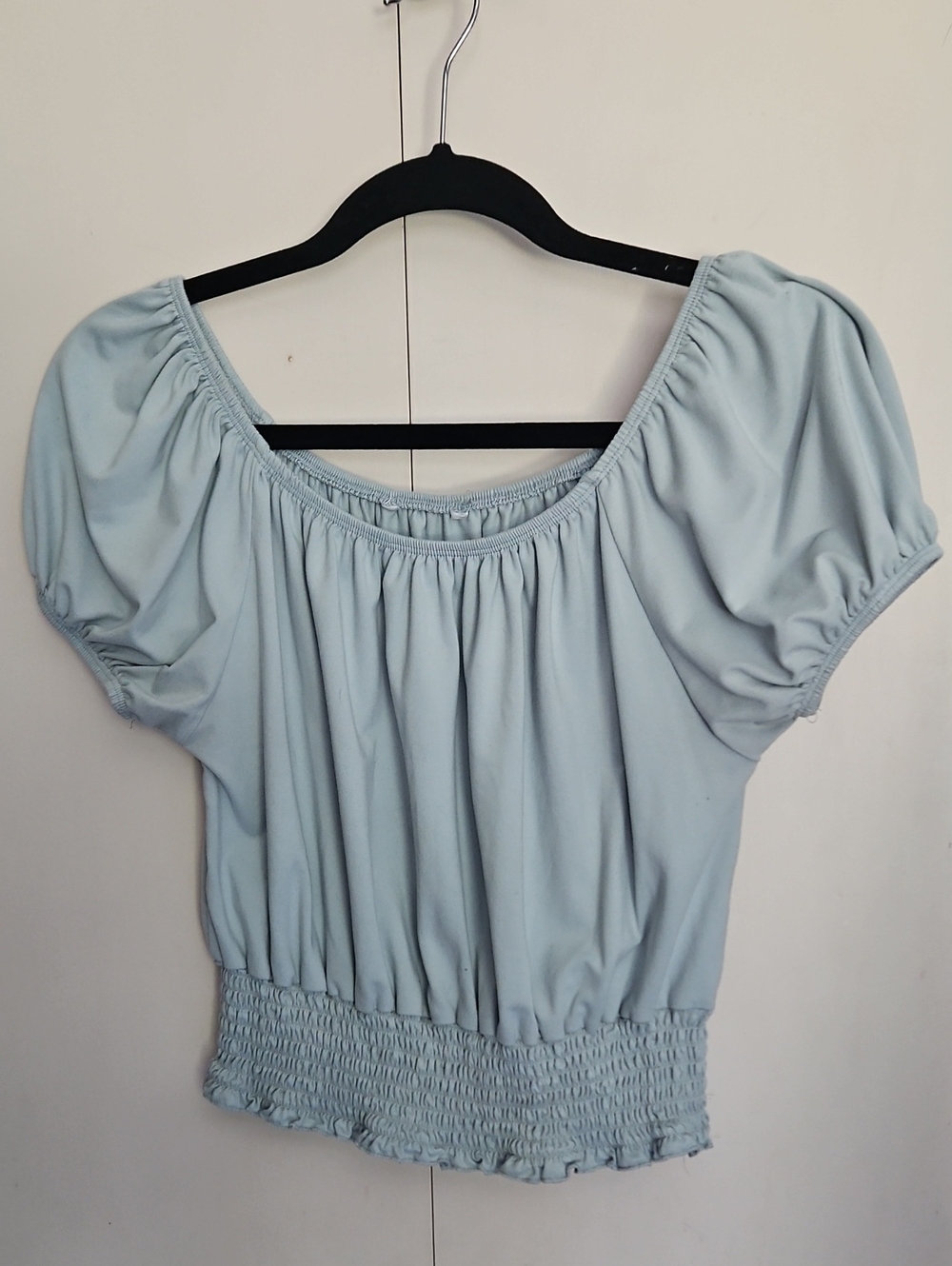 Light Sage Smocked Hem Puff Sleeve Crop Top No Tag Sz Sm Ptp19